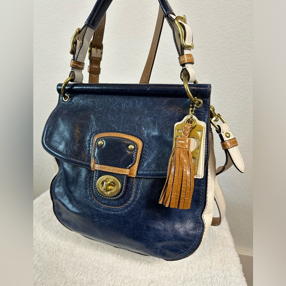 Coach Legacy Satchel Navy Cream Leather Bag Vintage Brass Turnlock Crossbody